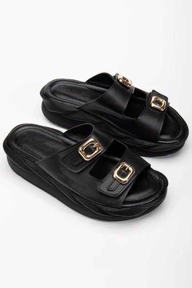 Kadın Dolgu Taban Terlik Siyah 2 Bantlı Suni Deri ürün görseli