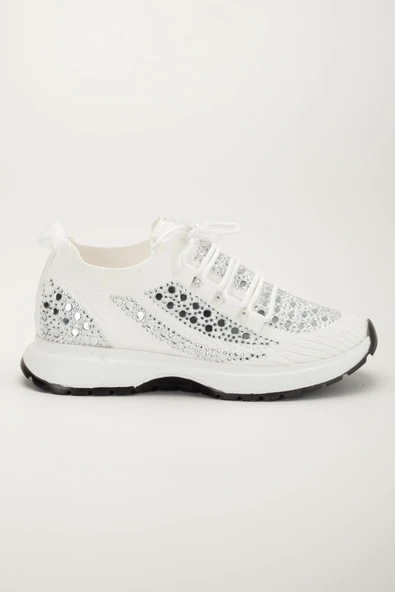 Kadın Spor Ayakkabı Beyaz Triko Taş Döşemeli Kalın Taban - Resim 3