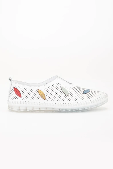 Hakiki Deri Ortopedik Kadın Günlük Ayakkabı Beyaz Lazer Yaprak Desenli - Resim 3