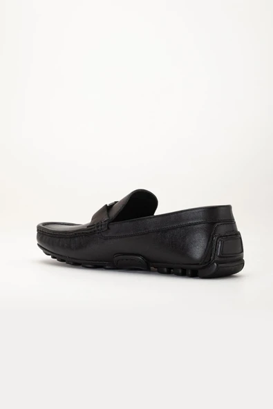 Hakiki Deri Erkek Günlük Loafer Ayakkabı Siyah Metal Tokalı - Resim 4