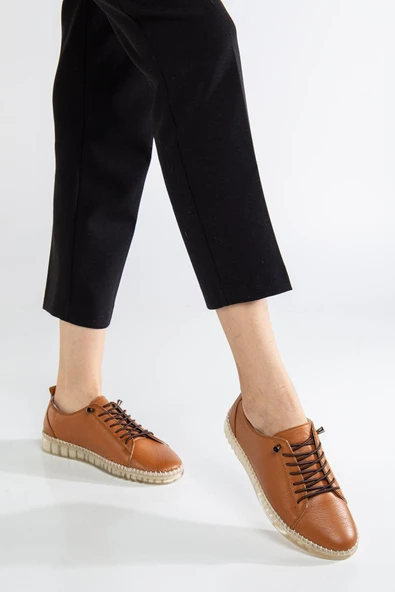 Hakiki Deri Ortopedik Kadın Ayakkabısı Günlük Taba Şeffaf Tabanlı Elastik Bağcıklı - Resim 2