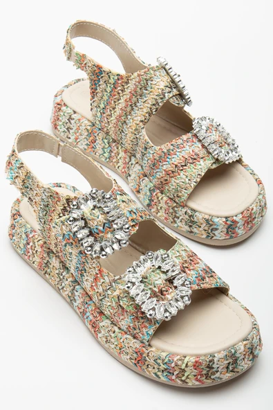 Kadın Dolgu Topuk Sandalet Nude Çift Bantlı Hasır Malzeme Taşlı Tokalı ürün görseli