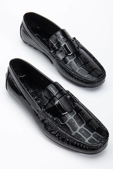 Hakiki Deri Erkek Günlük Loafer Ayakkabı Siyah Rugan Metal Tokalı ürün görseli