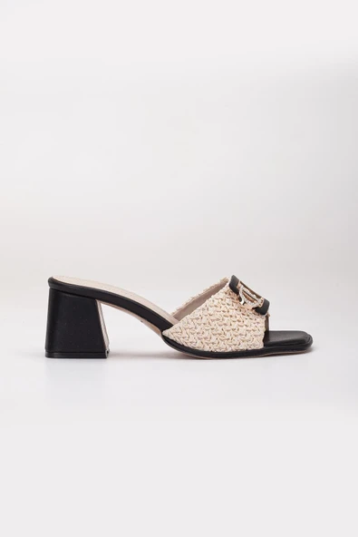 Büyük Beden Kadın Topuklu Terlik Siyah Hasır Desen Taş Tokalı - Resim 3