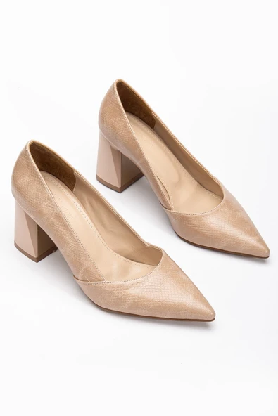 Kadın Stiletto Nude Kalın Topuklu Yılan Baskılı Simetrik Kesim