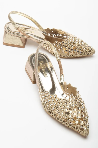 Kadın Kısa Topuklu Abiye Ayakkabı Gold Örme Taşlı Sivri Kalıp ürün görseli
