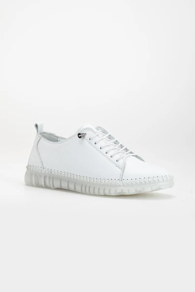 Hakiki Deri Ortopedik Kadın Ayakkabısı Günlük Beyaz Şeffaf Tabanlı Elastik Bağcıklı - Resim 4