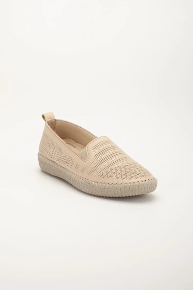 Hakiki Deri Ortopedik Kadın Günlük Ayakkabı Bej Bağsız Lazer Baskılı - Resim 4