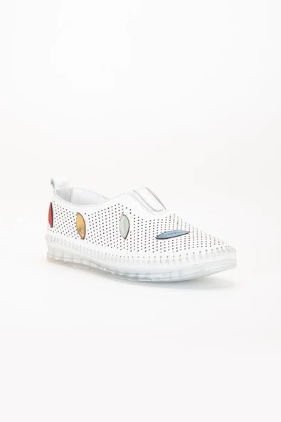 Hakiki Deri Ortopedik Kadın Günlük Ayakkabı Beyaz Lazer Yaprak Desenli - Resim 4