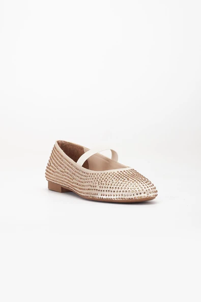 Kadın Babet Gold Saten Taşlı Elastik Bantlı Yuvarlak Burun - Resim 4