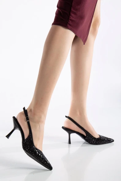 Kadın Abiye Ayakkabı Sİyah İnce Topuklu Taş Döşeme - 2