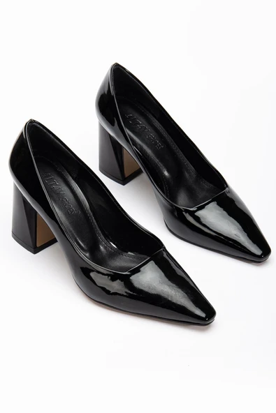 Kadın Kalın Topuklu Stiletto Siyah Rugan Düz Model Sivri ürün görseli