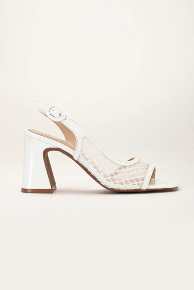 Kadın Topuklu Sandalet Beyaz Yan Fileli Rugan - Resim 3