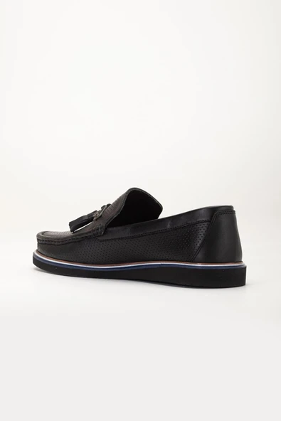 Hakiki Deri Erkek Günlük Loafer Ayakkabı Siyah Püsküllü Eva Taban Baskılı - Resim 4