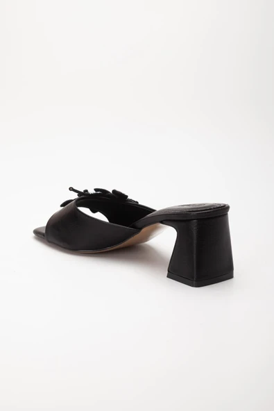 Kadın Topuklu Terlik Siyah Cİlt Taşlı Yaprak Aksesuarlı - Resim 5