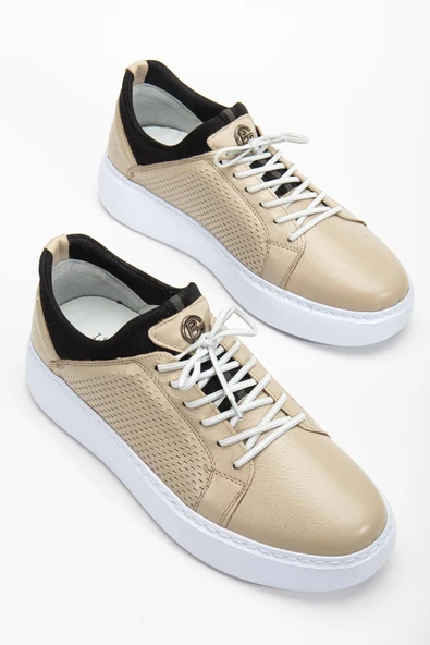 Hakiki Deri Erkek Günlük Ayakkabı Bej Streç ve Elastik Bağcıklı Eva Taban ürün görseli