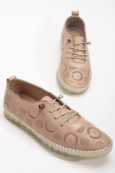 Hakiki Deri Kadın Günlük Ayakkabı Vizon Lazer Baskılı Elastik Bağcıklı Jel Taban - Resim 2