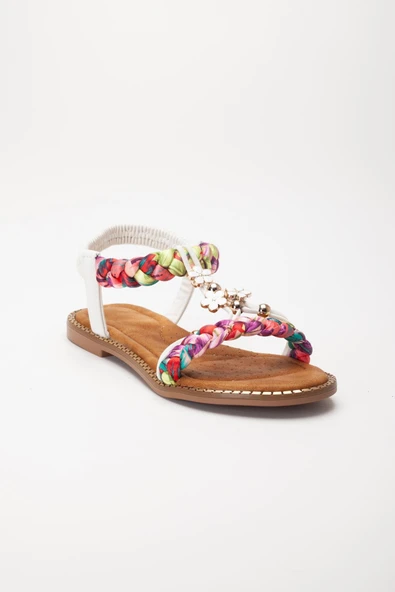 Kadın DÜz Topuklu Sandalet Beyaz Örgü Bantlı Çiçek Tokalı - Resim 4