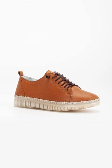 Hakiki Deri Ortopedik Kadın Ayakkabısı Günlük Taba Şeffaf Tabanlı Elastik Bağcıklı - Resim 4