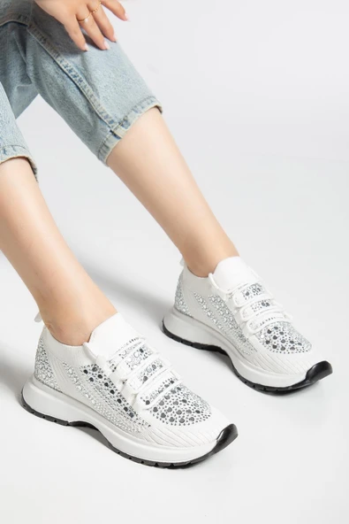 Kadın Spor Ayakkabı Beyaz Triko Taş Döşemeli Kalın Taban - Resim 2