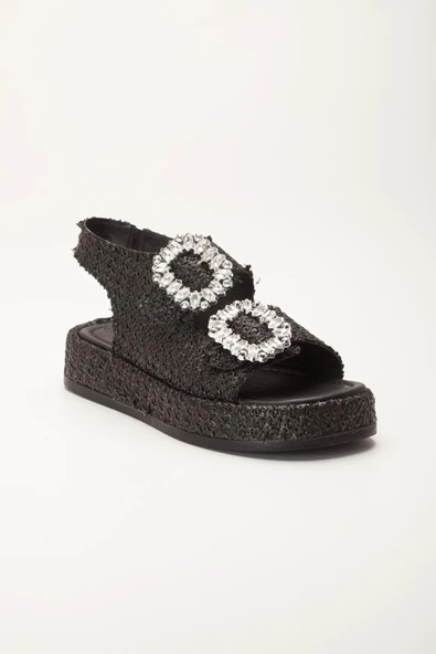 Kadın Dolgu Topuk Sandalet Siyah Çift Bantlı Hasır Malzeme Taşlı Tokalı - Resim 4