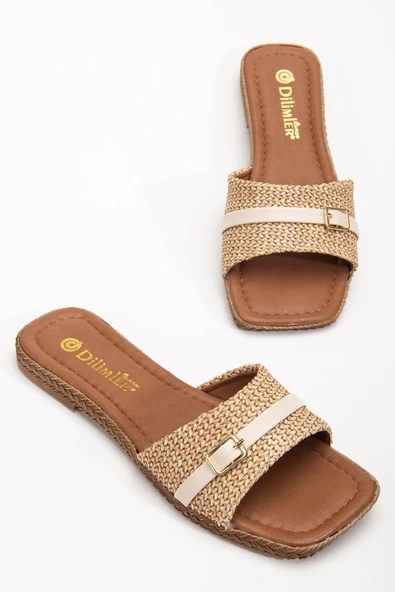 Kadın Düz Topuk Terlik Bej Hasır Kalın Tek Bant ürün görseli