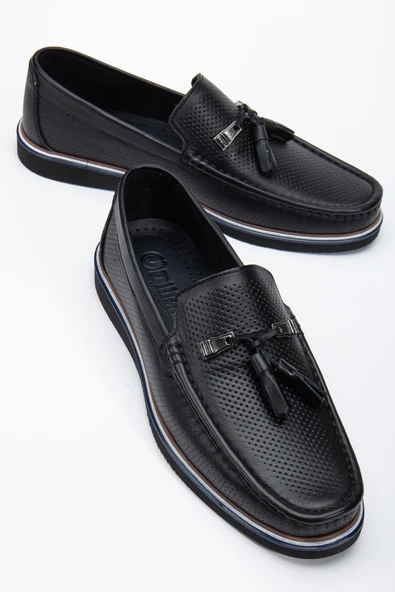 Hakiki Deri Erkek Günlük Loafer Ayakkabı Siyah Püsküllü Eva Taban Baskılı ürün görseli