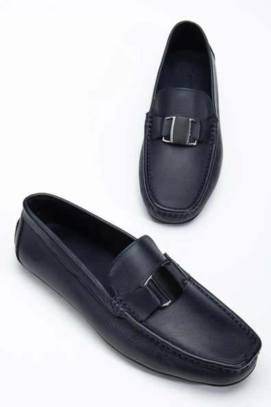 Hakiki Deri Erkek Günlük Loafer Ayakkabı Lacivert Metal Tokalı - Resim 2