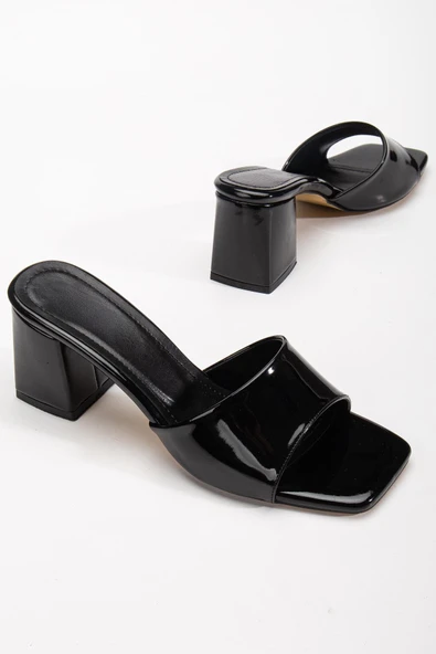 Rugan ve Düz Tekbant Siyah Rugan Kadın Topuklu Terlik ürün görseli