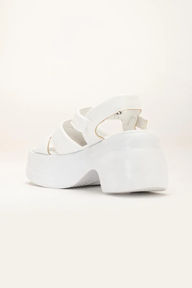 Kadın Dolgu Topuk Sandalet Beyaz 2 Kalın Bantlı cilt - Resim 5