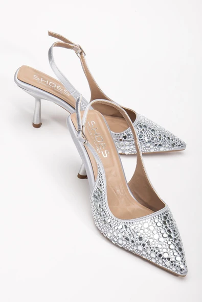 Kadın Abiye Ayakkabı Gümüş İnce Topuklu Taş Döşeme ürün görseli