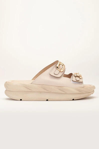 Kadın Dolgu Taban Terlik Bej 2 Bantlı Suni Deri - Resim 3