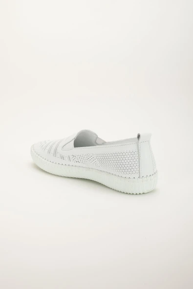 Hakiki Deri Ortopedik Kadın Günlük Ayakkabı Beyaz Bağsız Lazer Baskılı - Resim 5