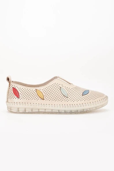 Hakiki Deri Ortopedik Kadın Günlük Ayakkabı Bej Lazer Yaprak Desenli - Resim 3