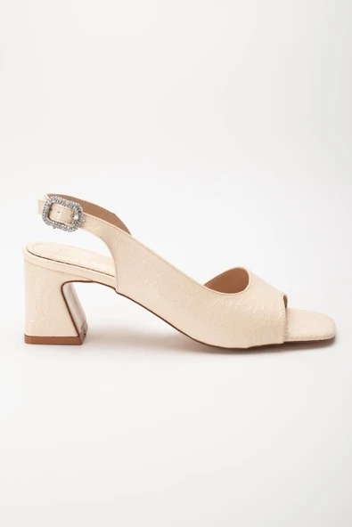 Kadın Topuklu Sandalet Ayakkabı Bej Rugan Kroko Baskılı Tan Taşlı Tokalı - 3