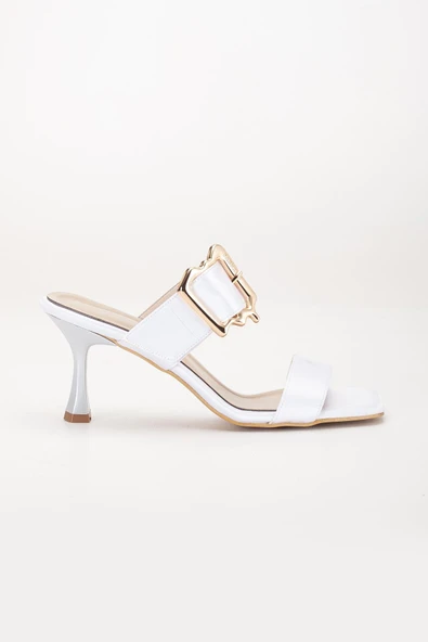 Kadın Topuklu Terlik Beyaz Saten Tek Bant Aksesuarlı - Resim 3
