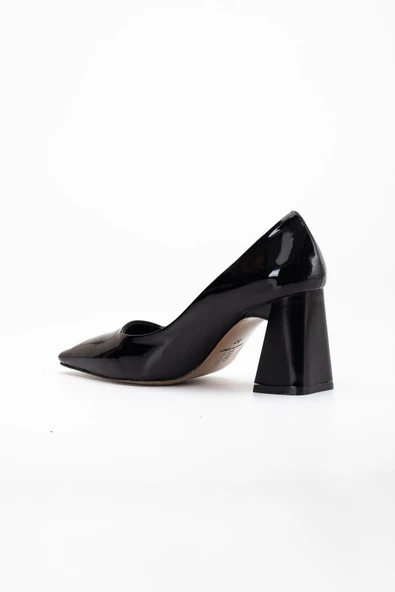 Kadın Kalın Topuklu Stiletto Siyah Rugan Düz Model Sivri - Resim 5