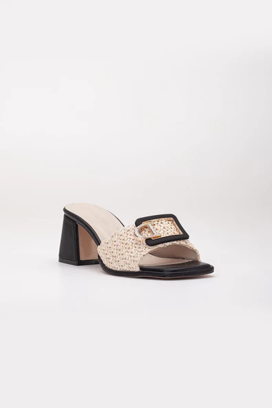 Büyük Beden Kadın Topuklu Terlik Siyah Hasır Desen Taş Tokalı - Resim 4