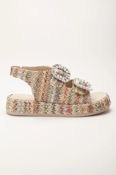 Kadın Dolgu Topuk Sandalet Nude Çift Bantlı Hasır Malzeme Taşlı Tokalı - Resim 3