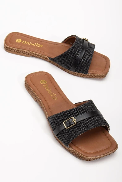 Kadın Düz Topuk Terlik Siyah Hasır Kalın Tek Bant ürün görseli