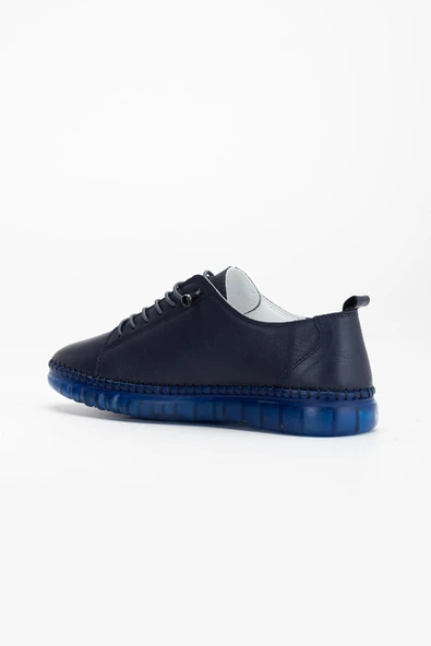 Hakiki Deri Ortopedik Kadın Ayakkabısı Günlük Lacivert Şeffaf Tabanlı Elastik Bağcıklı - Resim 5