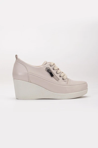 Kadın Dolgu Topuklu Ayakkabı Bej Rugan Fermuarlı Bağcıklı - Resim 3