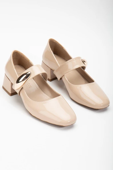 Büyük Numara Kadın Topuklu Ayakkabı Ten Rugan Baretli Metal Tokalı - Resim 2