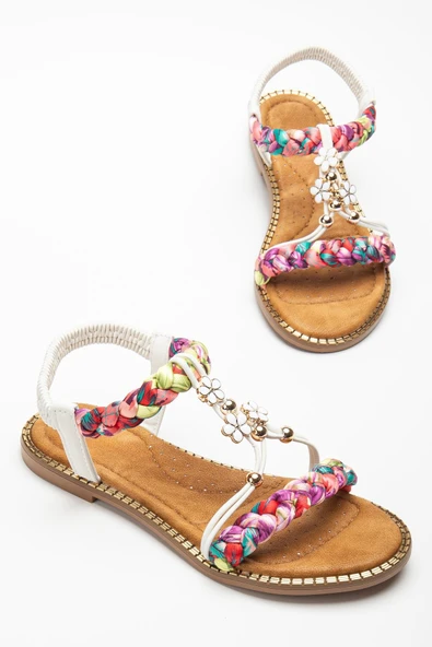 Kadın DÜz Topuklu Sandalet Beyaz Örgü Bantlı Çiçek Tokalı ürün görseli