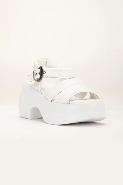 Kadın Dolgu Topuk Sandalet Beyaz 2 Kalın Bantlı cilt - Resim 4