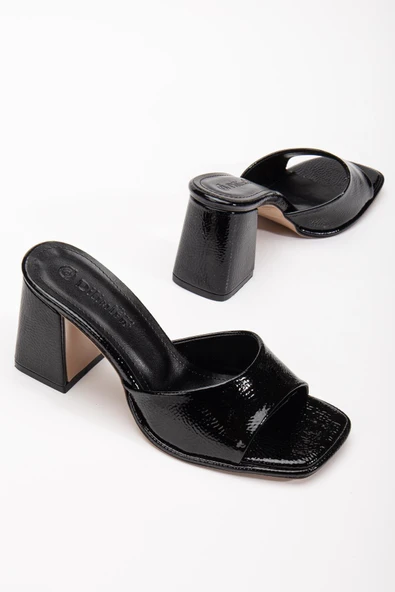 Büyük Beden Kadın Topuklu Terlik Sİyah Rugan İnce Bantlı ürün görseli