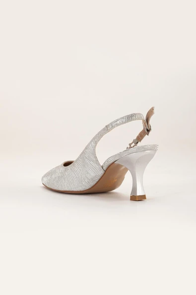 Kadın Topuklu Abiye Ayakkabı Gümüş Parlak Taşlı Zincir Aksesuarlı - Resim 7