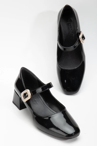 Büyük Numara Kadın Topuklu Ayakkabı Siyah Rugan Baretli Taşlı Burs - Resim 2