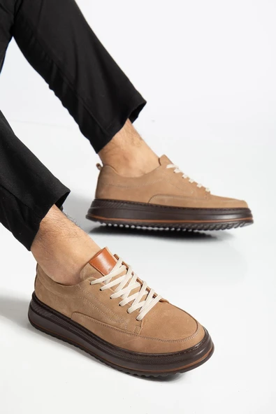 Hakiki Deri Erkek Günlük Ayakkabı Vizon Nubuk Poli Taban Bağlı - Resim 2