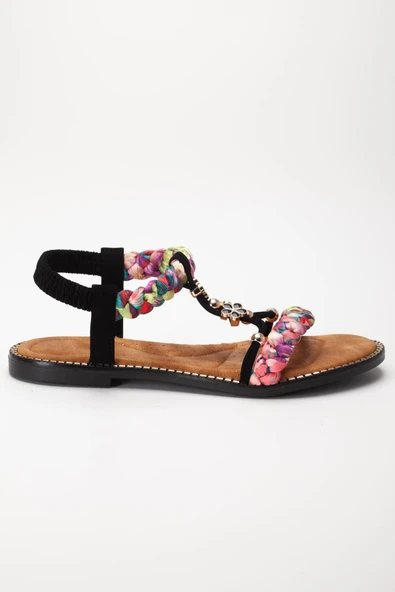 Kadın DÜz Topuklu Sandalet Siyah Örgü Bantlı Çiçek Tokalı - Resim 3